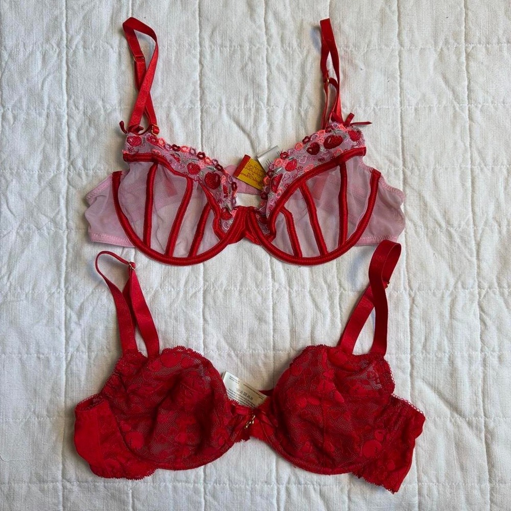 Squish x Playful Promises Bra Lot Pink Red Lace Cherry Coquette 34C 34DD